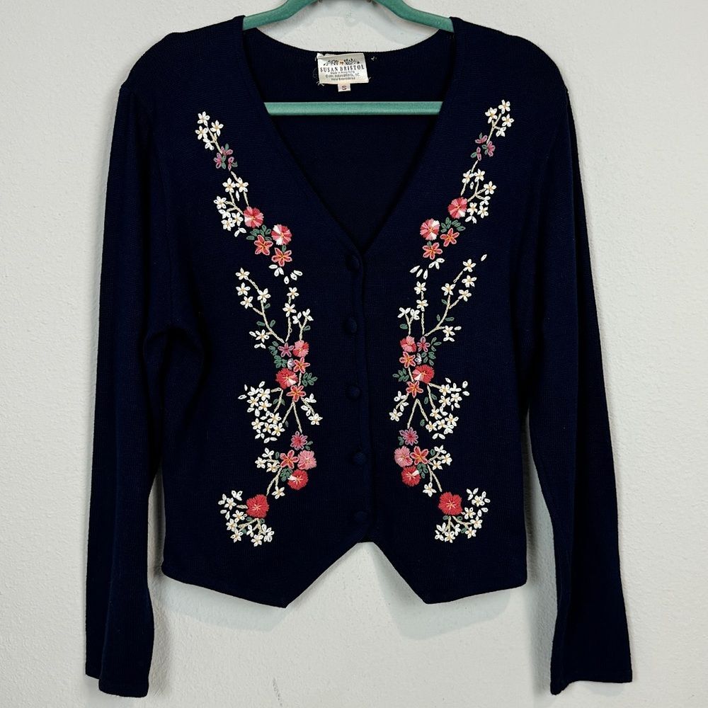 Vintage Susan Bristol Navy Floral Embroidered Cardigan 90s S